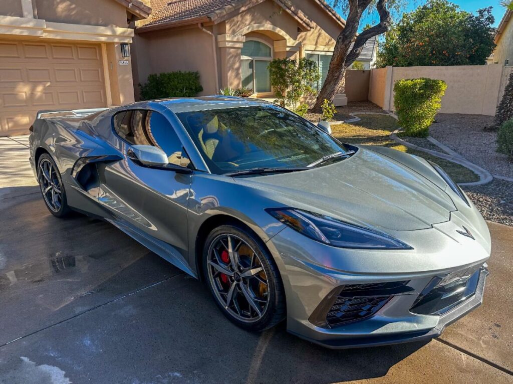 shiny grey corvette c8 after professional detail